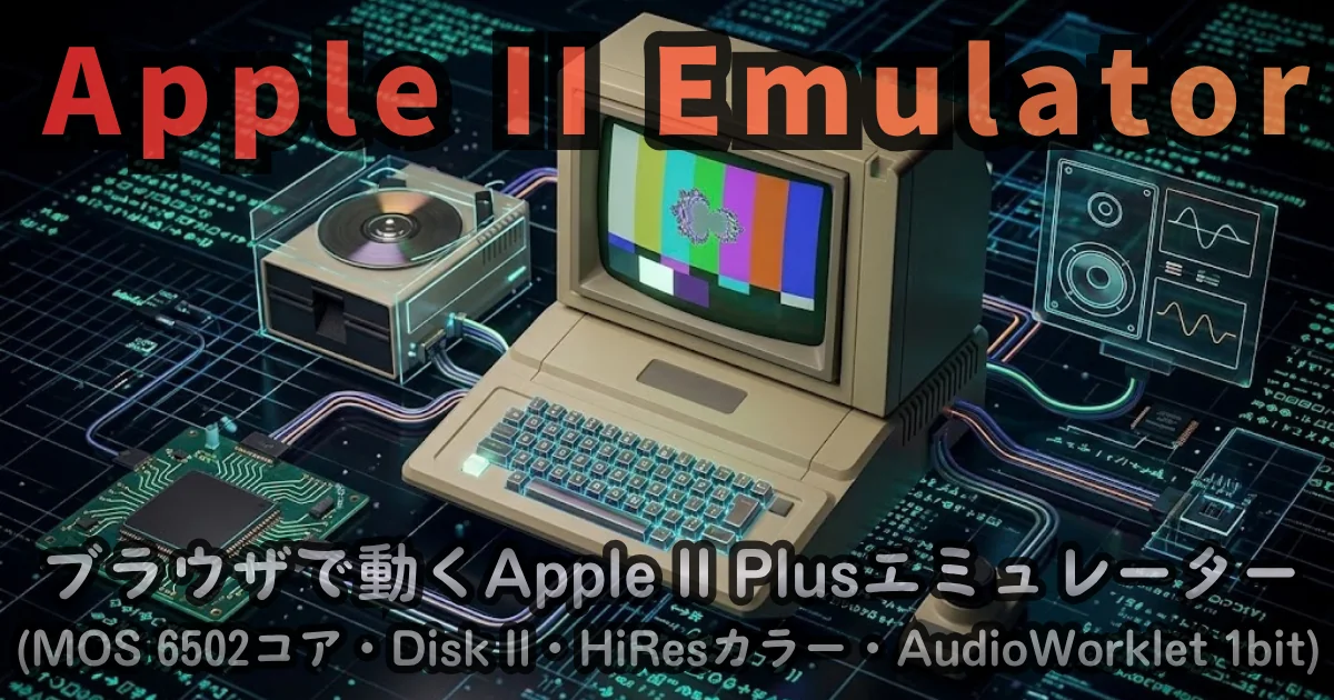 [WEB App] Apple II Emulator — ブラウザで動くApple II Plusエミュレーター (MOS 6502コア・Disk II・HiResカラー・AudioWorklet 1bitスピーカー対応)